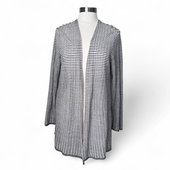 Eileen Fisher Fine Organic Linen Crepe Knit Simple Striped Cardigan Sweater Sz M - Picture 2 of 11